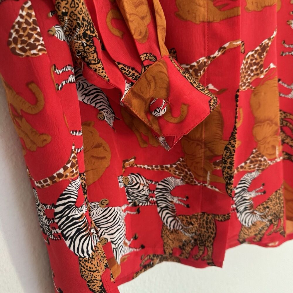 Vintage 100% Silk Piano Blouse Sz S Mob Wife Bold Red Animal Print Old Money - Picture 4 of 16